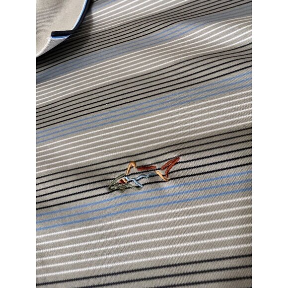Greg Norman Tasso Elba Polo Shirt Mens 2XL Shark Play Dri Tan Stripe performance - Picture 2 of 5